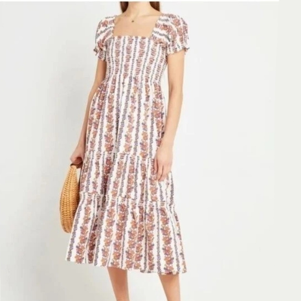 O.P.T. daphne vine smocked square neck floral midi dress M white Ruffled Flowy